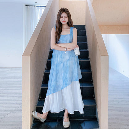 【ワンピース】夏 レディース ブルータイダイ ノースリーブ ワンピース 配色 染め柄 大人可愛い 体型カバー ファッション【SHシリーズ】