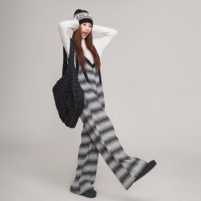 【ボトムス】秋冬 ゆったりVネック ニットサロペット グラデーション ワイドパンツ レディース オールインワン【SHシリーズ】