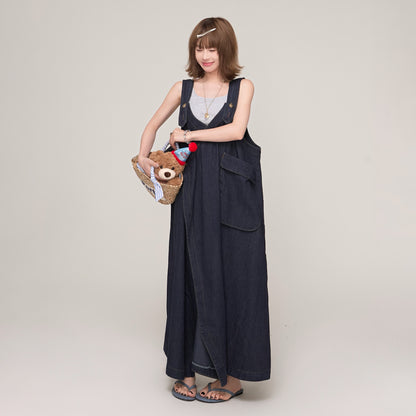 【ワンピース】夏 トレンド感漂う レトロデニム Vネック ノースリーブサロペットワンピース ゆったりシルエット 着痩せ効果【AHシリーズ】