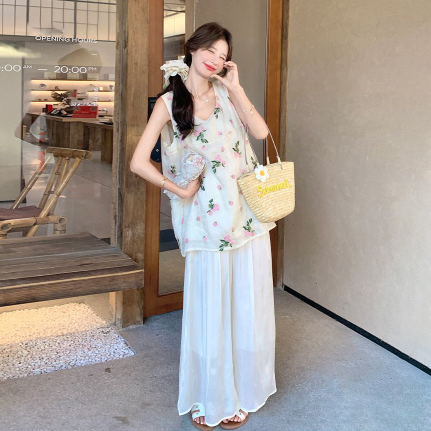 2点セット！【セットアップ】森ガール風 刺繍上下セット レディース 夏 トップス×ワイドパンツ きれいめ ナチュラル【SHシリーズ】