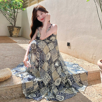 【ワンピース】夏新作 ボヘミアンリゾート風 シフォンプリント ノースリーブワンピース 大人可愛いAラインシルエット【SHシリーズ】