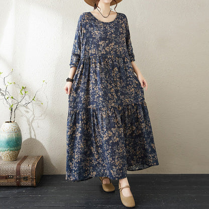 【ワンピース】春新作 小花柄 ラウンドネック 長袖 ゆったり 大きいサイズ Aライン フレアワンピース【SHシリーズ】