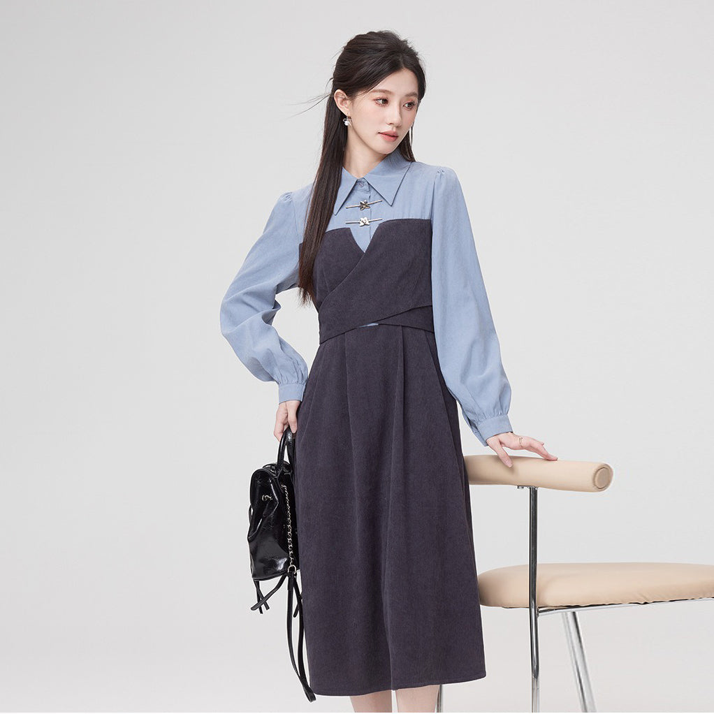 【ワンピース】秋新作 文芸風 フェミニン 個性派 ドッキング風 ウエストマーク 長袖ワンピース【JZシリーズ】