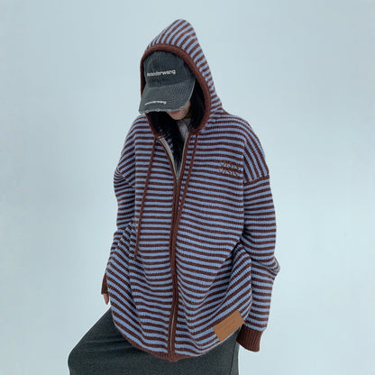 【アウター】春 秋 冬 ボーダー 厚手 フード付き ゆる感 ジャケット 【FCシリーズ】