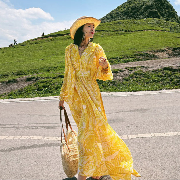 【ワンピース】リゾート風 Vネック ハイウエスト バルーンスリーブ 長袖ワンピース【SHシリーズ】