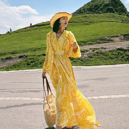 【ワンピース】リゾート風 Vネック ハイウエスト バルーンスリーブ 長袖ワンピース【SHシリーズ】