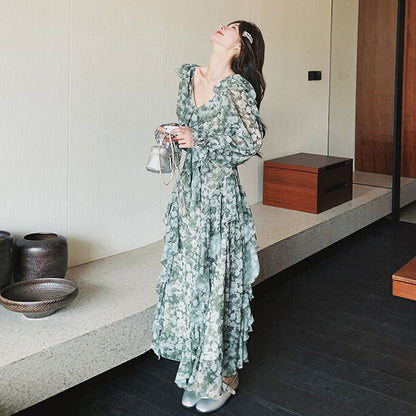 【ワンピース】森系花柄シフォン長袖ワンピース レディース 春夏秋 薄手 ウエストマーク Aライン ロング丈【SHシリーズ】