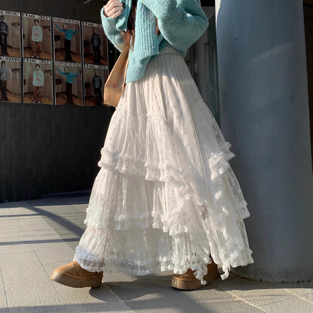 【ボトムス】チュールスカート ハート柄 フレアロング ふんわり大ボリューム 体型カバー 大きめサイズ ケーキスカート【JZシリーズ】