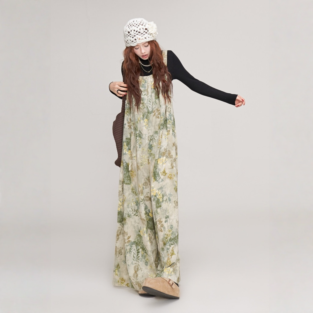 【ボトムス】リラックス感 リーフ柄 ストラップ付き サロペット オールインワン 【SHシリーズ】