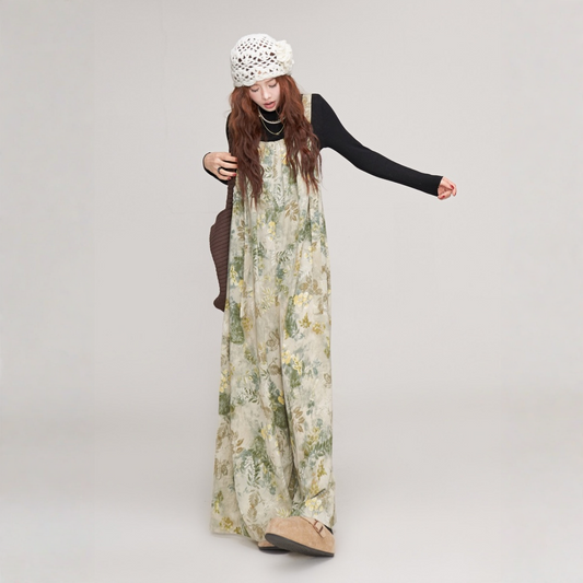 【ボトムス】リラックス感 リーフ柄 ストラップ付き サロペット オールインワン 【SHシリーズ】