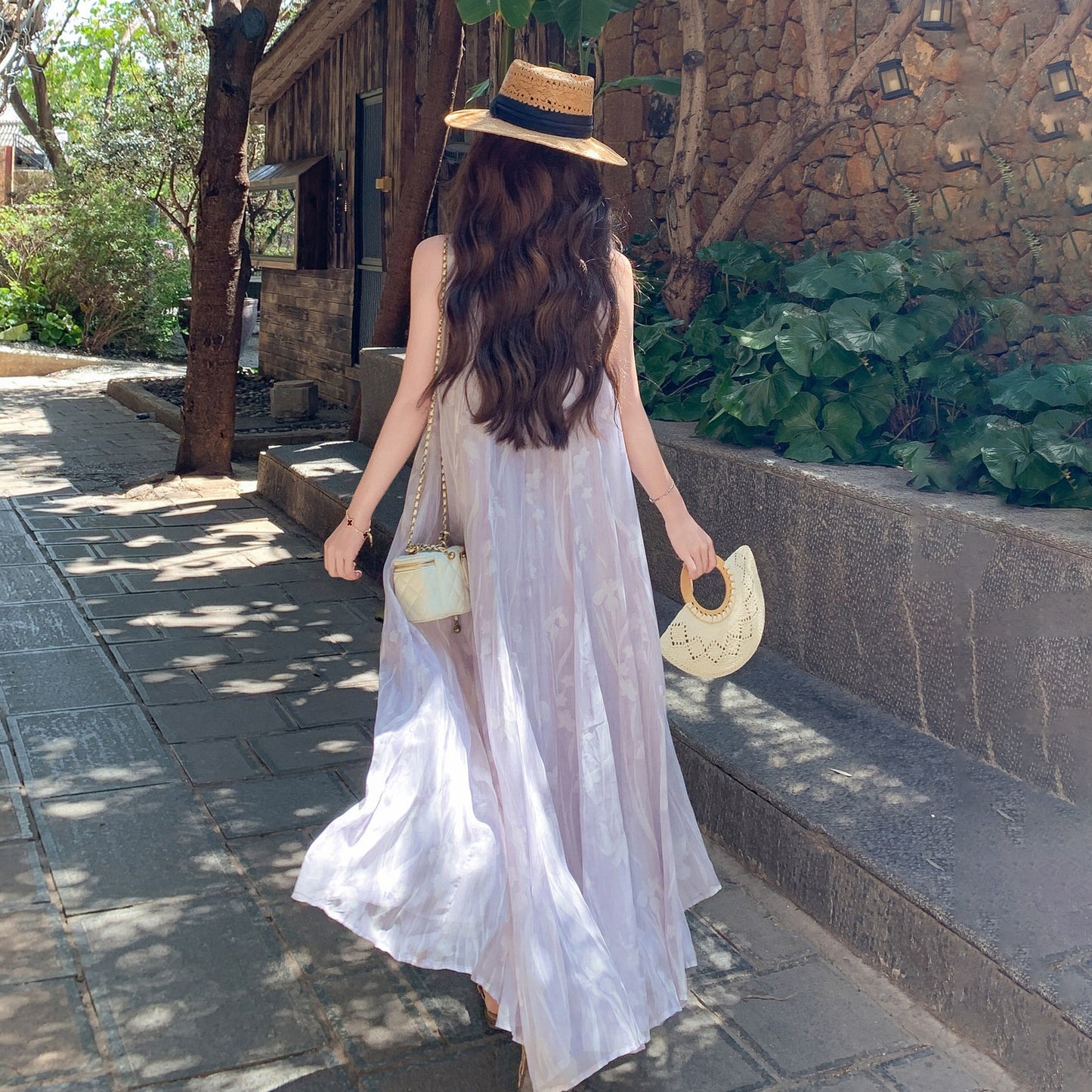 花卉印花紫色無袖連身裙｜度假風長裙【SH系列】