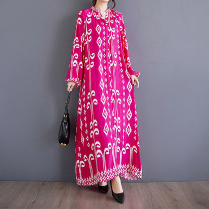 【ワンピース】ゆったり 文芸風 ファッション プリント切替 立襟 カジュアル 長袖ワンピース
 レディース ロング丈【SHシリーズ】