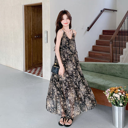 【ワンピース】ビーチリゾート風 温かみフラワー ノースリーブキャミソールワンピース【SHシリーズ】