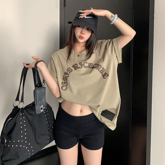 【トップス】Tシャツ レディース 刺繍デザイン エンボス加工 アップリケ 半袖 オーバーサイズ ヴィンテージ風【FCシリーズ】