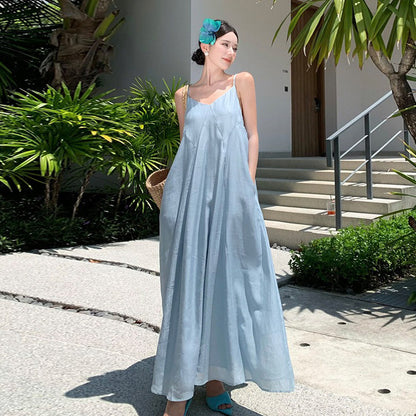 【ワンピース】バックリボン キャミワンピース レディース 夏新作 リゾート 海辺 ノースリーブ ロングワンピース 海島スタイル【SHシリーズ】