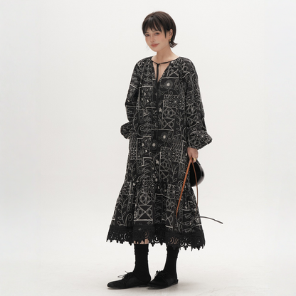 【ワンピース】春 秋 総刺繍 レトロ エスニック風 ジャカード 長袖 ワンピース【JZシリーズ】