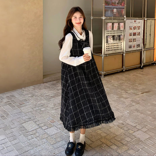 【ワンピース】可愛らしい 痩せ見え チェック フリンジ シャネル風 ノースリーブワンピース【JZシリーズ】