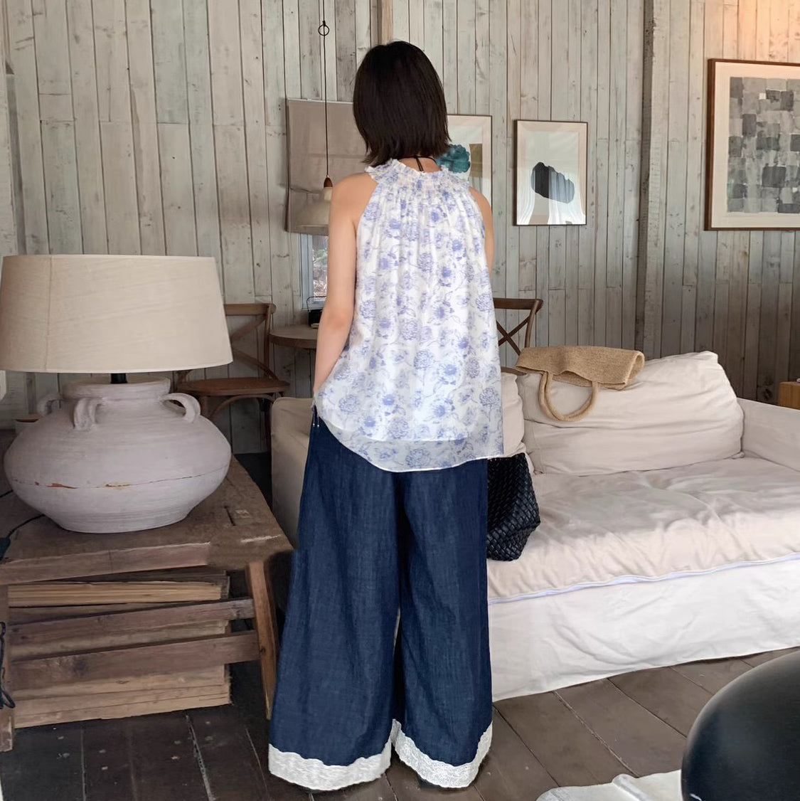 【トップス】ヴィンテージ風水墨プリント フリルネックホルタートップス 夏 シフォン素材【SHシリーズ】