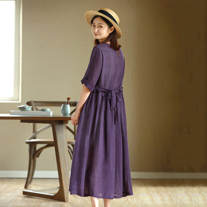 【ワンピース】夏新作 リネン混 白 ロング長袖ワンピース フレンチ風 ゆったりナチュラル