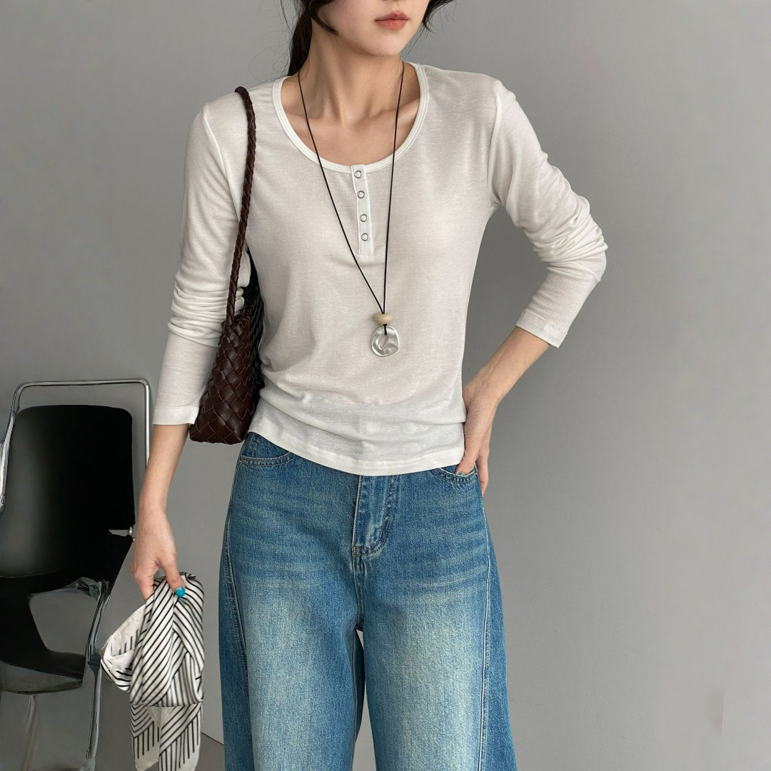 【トップス】テンセル ヘンリーネック ボタン付き 長袖Tシャツ 【JZシリーズ】