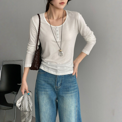 【トップス】テンセル ヘンリーネック ボタン付き 長袖Tシャツ 【JZシリーズ】