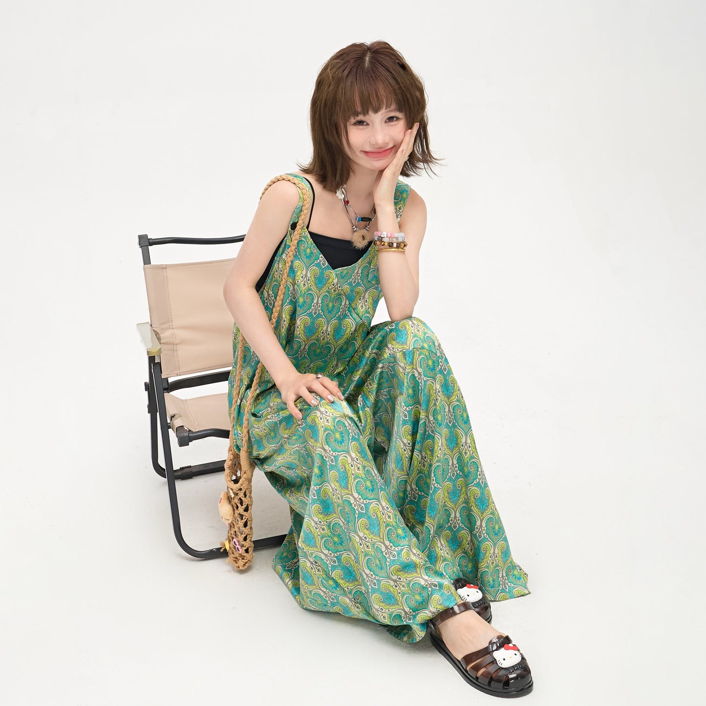 【ボトムス】フレンチレトロ感 清涼感たっぷり Vネックワイドサロペット ミントブルーグリーン オールインワン【SHシリーズ】