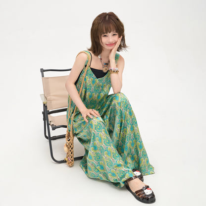 【ボトムス】フレンチレトロ感 清涼感たっぷり Vネックワイドサロペット ミントブルーグリーン オールインワン【SHシリーズ】