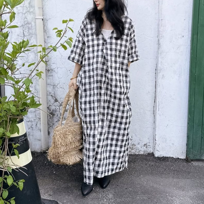 【ワンピース】配色チェック柄 半袖ワンピース｜肌触りの良い ゆったり 体型カバーも叶うロング丈【SHシリーズ】