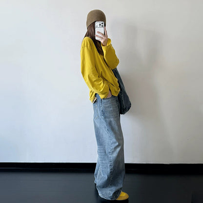 【ボトムス】ヴィンテージウォッシュデニム レディース バックウエスト調整 ワイドパンツ カジュアルジーンズ【FCシリーズ】