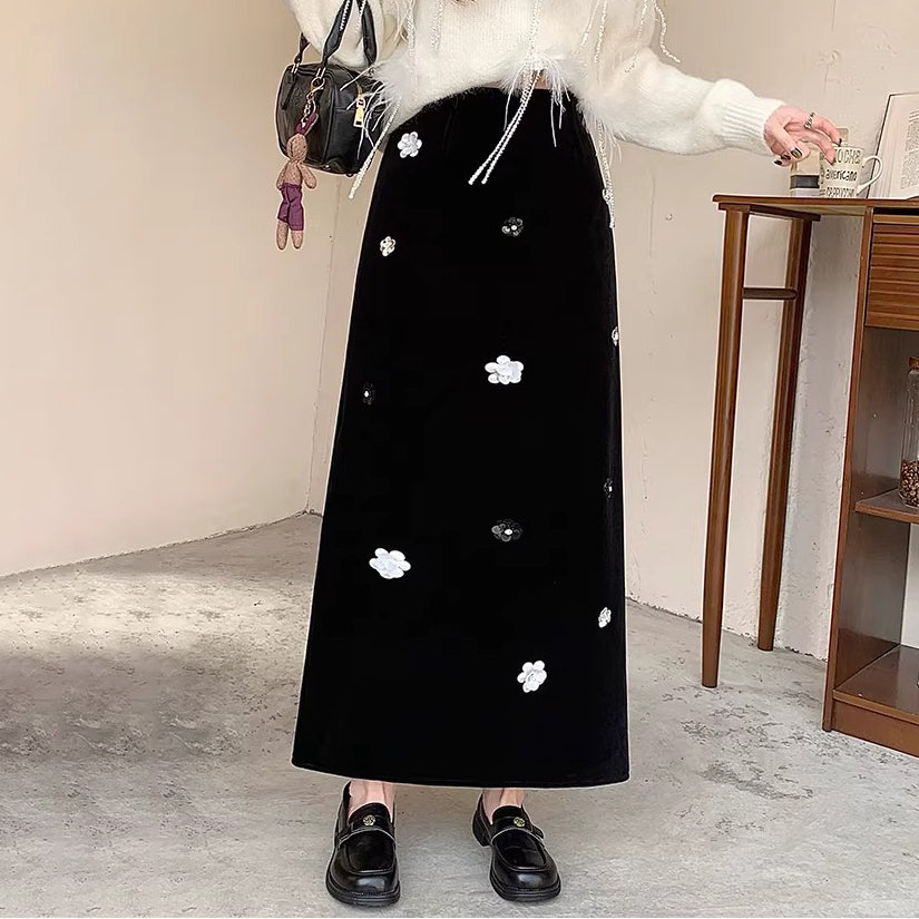 【ボトムス】裏起毛 ロングスカート Aライン スリット入り ヒップカバー 落ち感 ベロア調 厚手 秋冬 レディース【JZシリーズ】