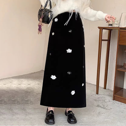 【ボトムス】裏起毛 ロングスカート Aライン スリット入り ヒップカバー 落ち感 ベロア調 厚手 秋冬 レディース【JZシリーズ】