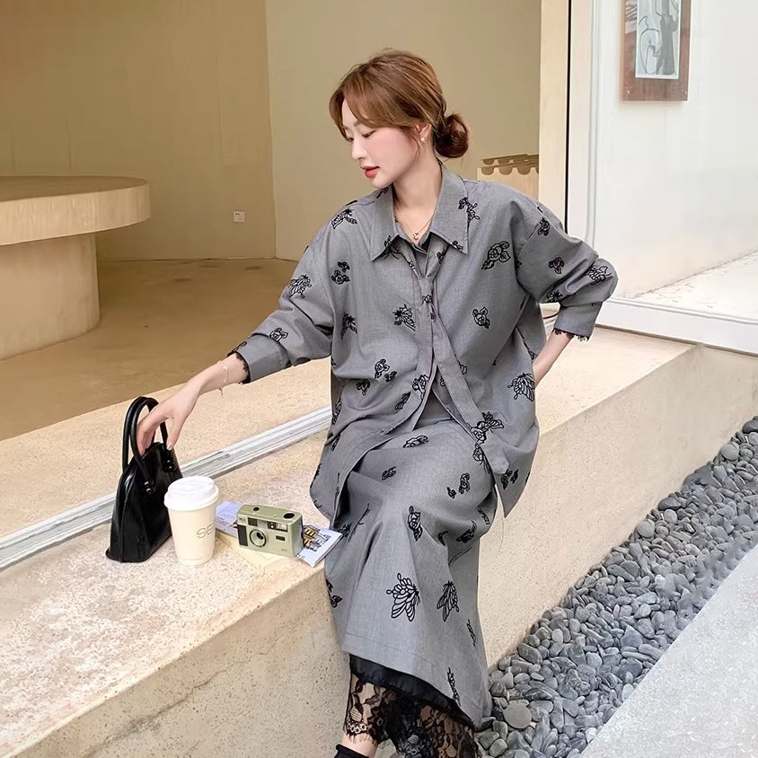 【セットアップ】春秋新作 グレー×フラワープリント シャツ×スカート 上下セット 韓国チック オールドマネー風【SHシリーズ】