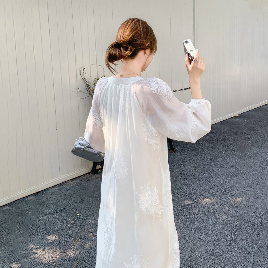 【ワンピース】ホワイト刺繍ワンピ レディース 高級感 レースディテール ロング丈 夏のリゾートドレス【JZシリーズ】