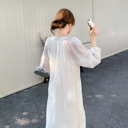 【ワンピース】ホワイト刺繍ワンピ レディース 高級感 レースディテール ロング丈 夏のリゾートドレス【JZシリーズ】