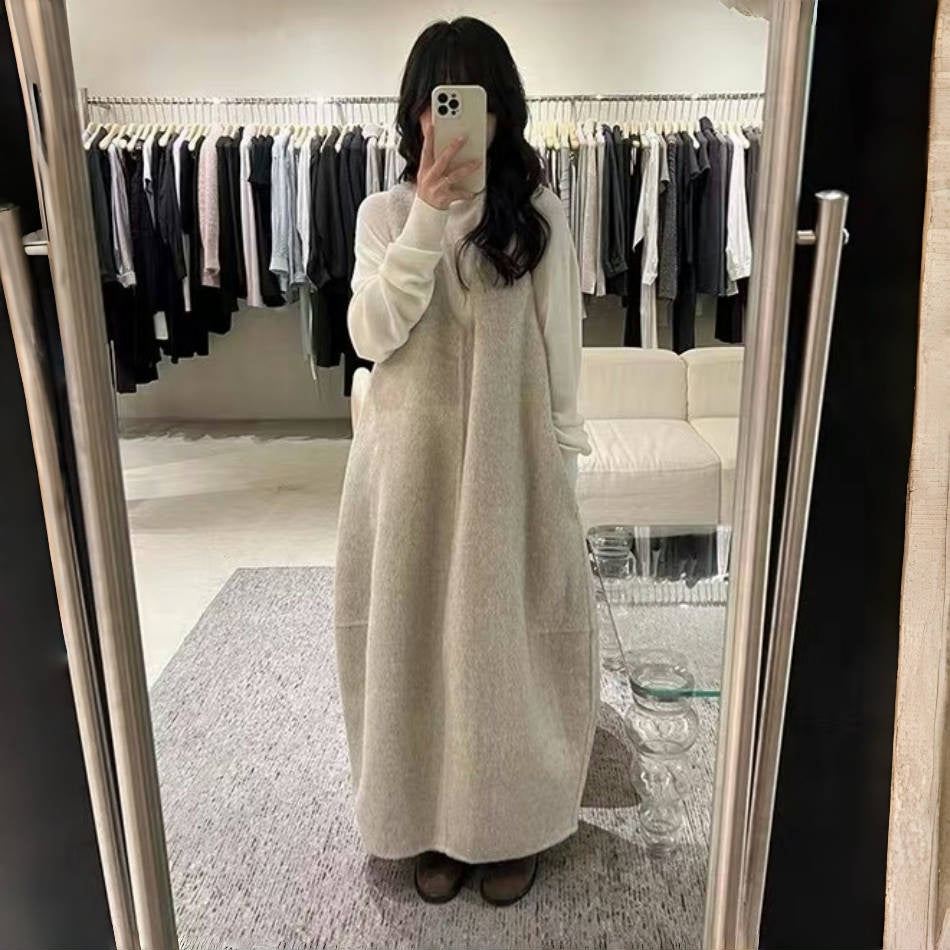 【24AW】【ワンピース】Vネック  厚手 バルーンスカート ゆるリラックス ノースリーブ ワンピース