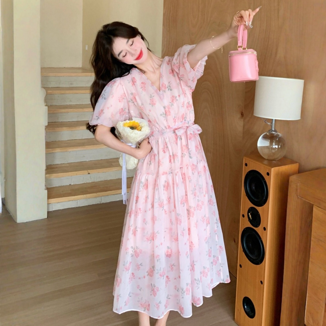 【ワンピース】スウィート フレンチ風 パフスリーブ フェミニンスタイル 半袖 初恋風ロングワンピース 【SHシリーズ】