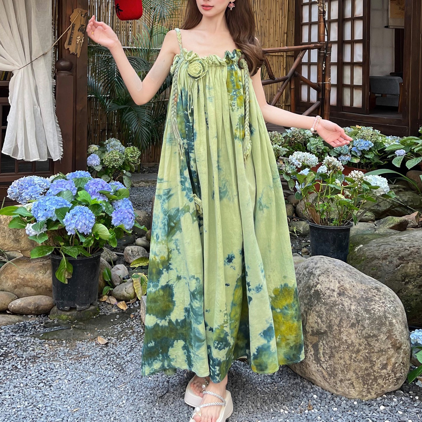 【ワンピース】水墨画風 グラデーションプリント ノースリーブワンピース 夏 大人可愛い 涼感 体型カバー リゾートワンピース【SHシリーズ】