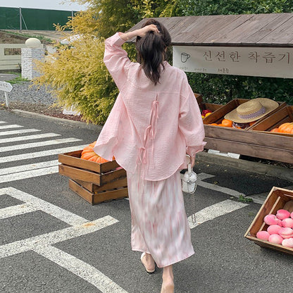2点セット！【セットアップ】リゾート風 ピンクシャツ＋ノースリーブワンピース セットアップ レディース  優しげ雰囲気 おしゃれ映え【SHシリーズ】
