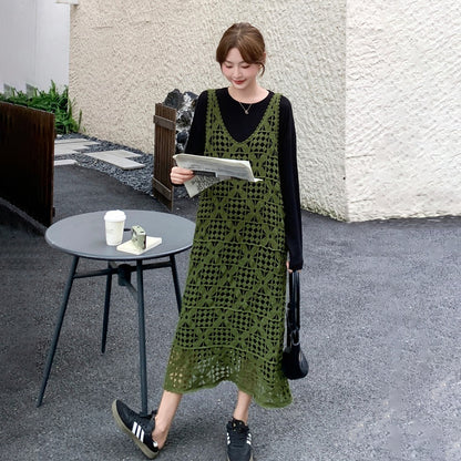 【セットアップ】透かし編みニットワンピースセット レイヤード風 レディース 韓国風 雰囲気2点セット【JZシリーズ】