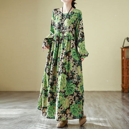 【ワンピース】花柄 気質アップ レディース 長袖ワンピース リゾート風 旅行用 丸首 ヴィンテージ風 レス【SHシリーズ】