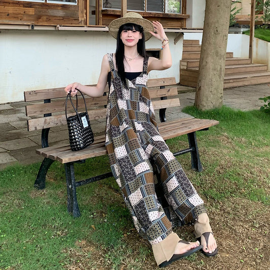 【ボトムス】配色チェック柄 サロペット レディース オールインワン 夏 ワイドパンツ ゆったり 体型カバー レトロ カジュアル モード 大人可愛い リラックス【SHシリーズ】