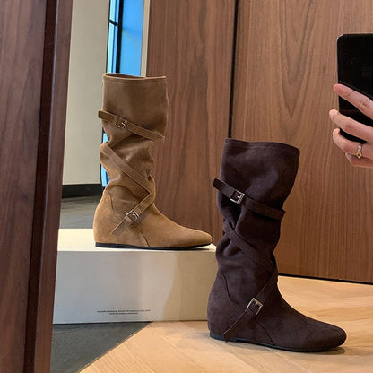 【シューズ】🖤6cmスタイルアップ！柔らかくて履きやすい✨韓国風ベルト付きミドルブーツ レディース 秋冬新作