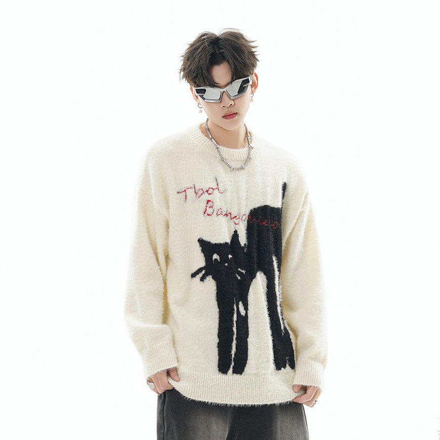 【トップス】猫モチーフ フェイクミンクニット レディース 秋冬 防寒 ゆったり カップル対応 プルオーバー【FCシリーズ】