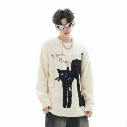 【トップス】猫モチーフ フェイクミンクニット レディース 秋冬 防寒 ゆったり カップル対応 プルオーバー【FCシリーズ】