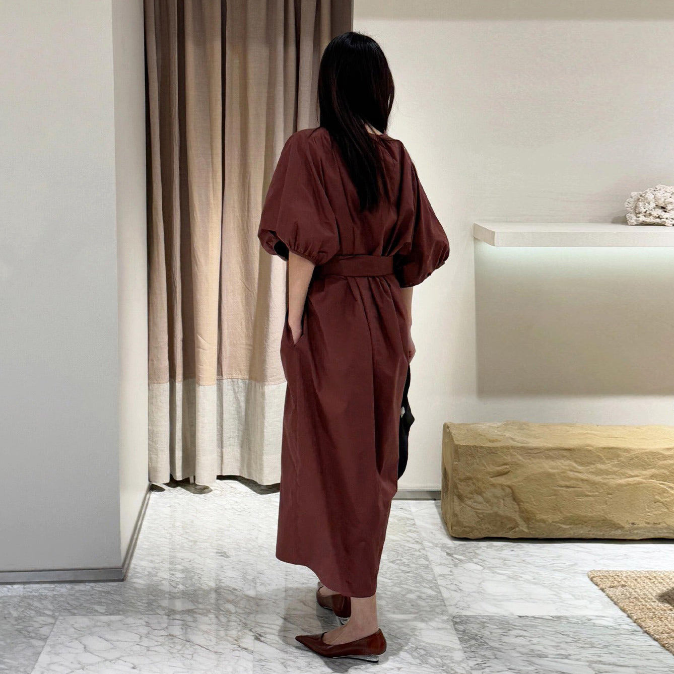 【ワンピース】フレンチレトロ  リボンウエストマーク パフスリーブ シャツワンピース エレガント Vネック 半袖ワンピース【JZシリーズ】