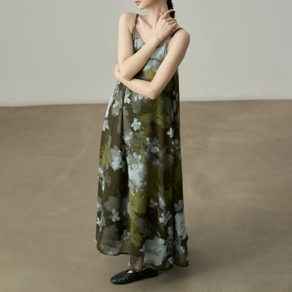 【ワンピース】ワンピース レディース 水墨花柄 シフォン キャミワンピース ノースリーブ ロング丈 リゾート風 上品 細見え ゆったり【JZシリーズ】【SHシリーズ】【10～15日内発送】
