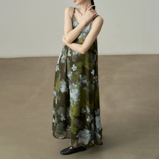 【ワンピース】ワンピース レディース 水墨花柄 シフォン キャミワンピース ノースリーブ ロング丈 リゾート風 上品 細見え ゆったり【JZシリーズ】【SHシリーズ】【10～15日内発送】