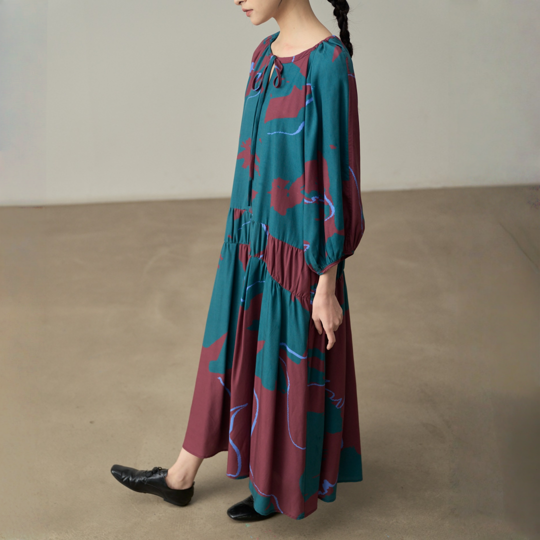 【ワンピース】春 秋 夏 レトロ ラウンドネック 花柄 長袖 ワンピース【SHシリーズ】