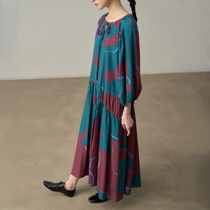 【ワンピース】春 秋 夏 レトロ ラウンドネック 花柄 長袖 ワンピース【SHシリーズ】