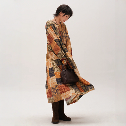 【ワンピース】春 秋 冬レトロ プリント ゆったり 長袖 ワンピース 【JZシリーズ】